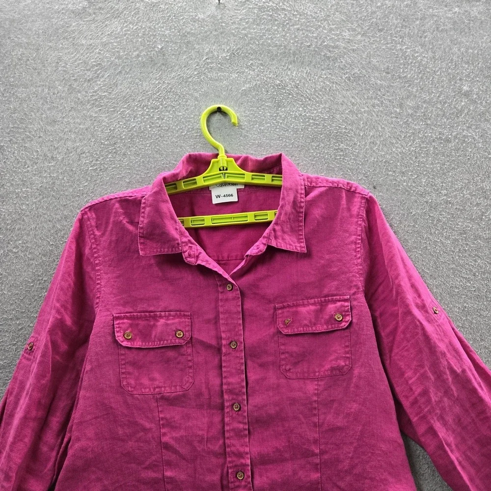 Calvin‎ Klein Women Button Up Shirt L Pink Linen Collared Front